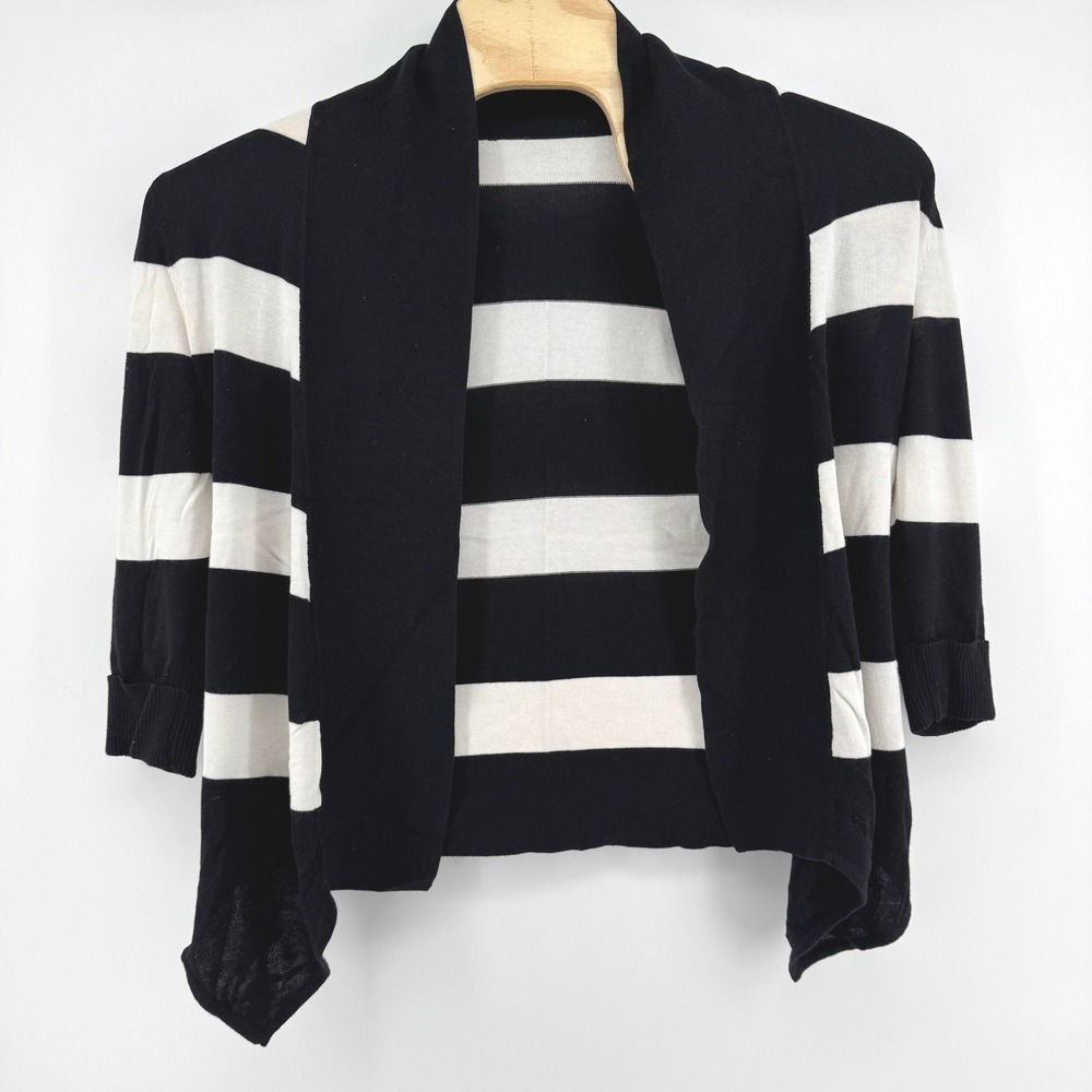 White‎ House Black Market Cardigan Medium Black White Striped Open Front Shawl